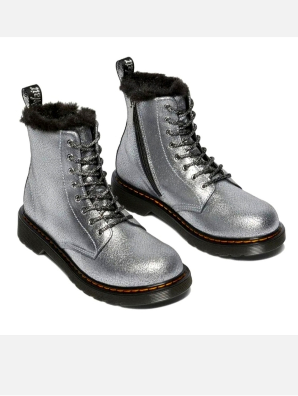 Dr Martens Boots Kids Shoes Serena Silver Metallic Foil Leather Boys 8 Girls 9